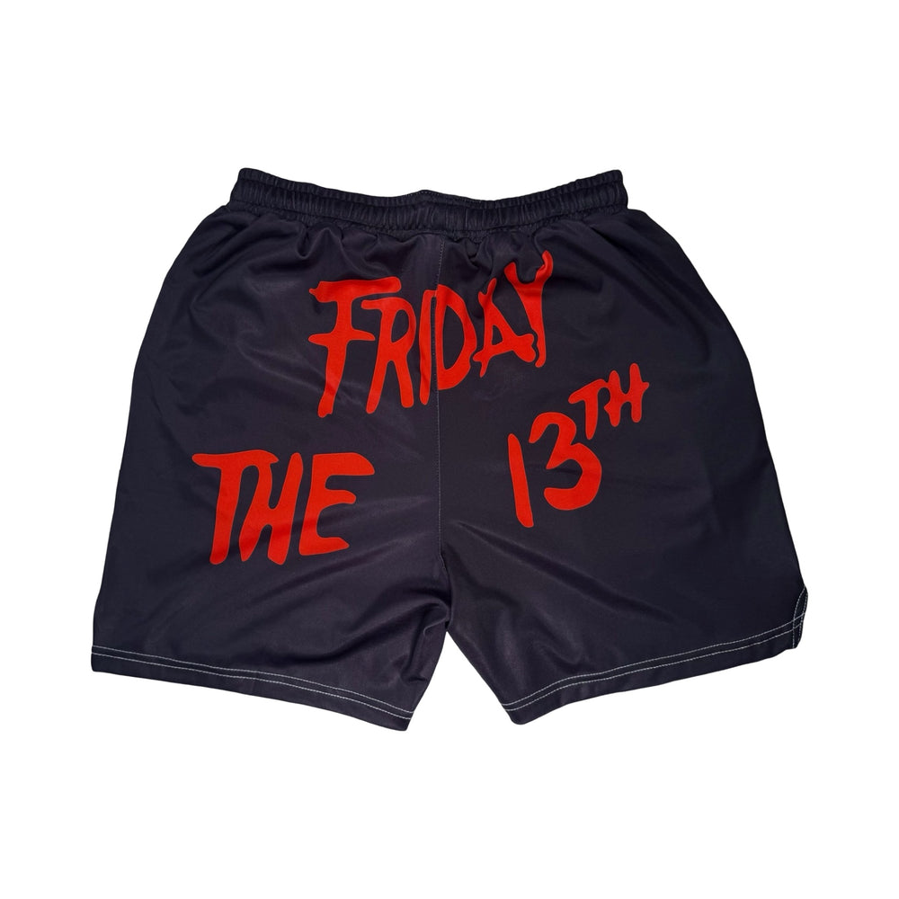 Black shorts with red 'Friday the 13th' text on a white background