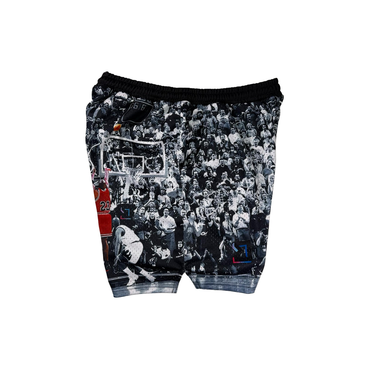 Shorts with a black and white vintage game winner photo design featuring a basketball player in action on a white background.