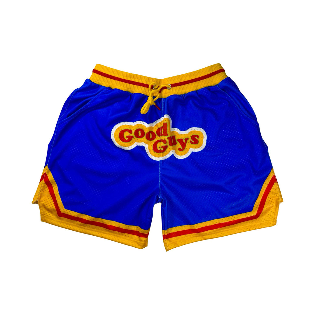 Good Guys Mesh Pro basketball shorts with retro blue–yellow colorway, zippered back pocket, and thick pro waistband by Trap’N Shorts.