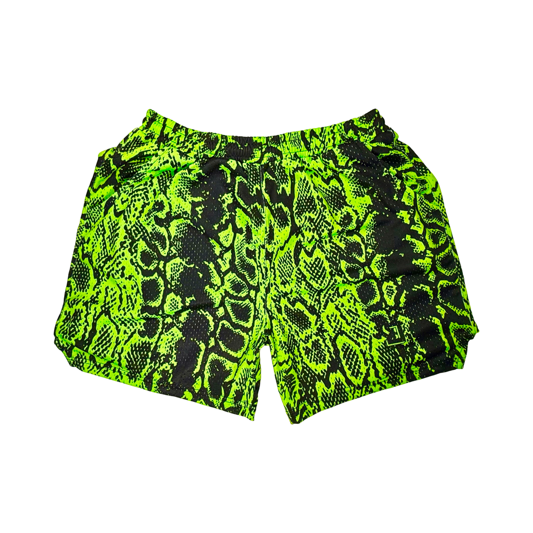 Green Mamba | Black & Green Snake Pattern Mesh Basketball Shorts Trap'n Shorts