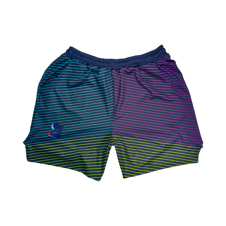 Headroom Soft Quick-Dry basketball shorts with retro split-gradient stripes in teal, purple, and neon accents by Trap’N Shorts.