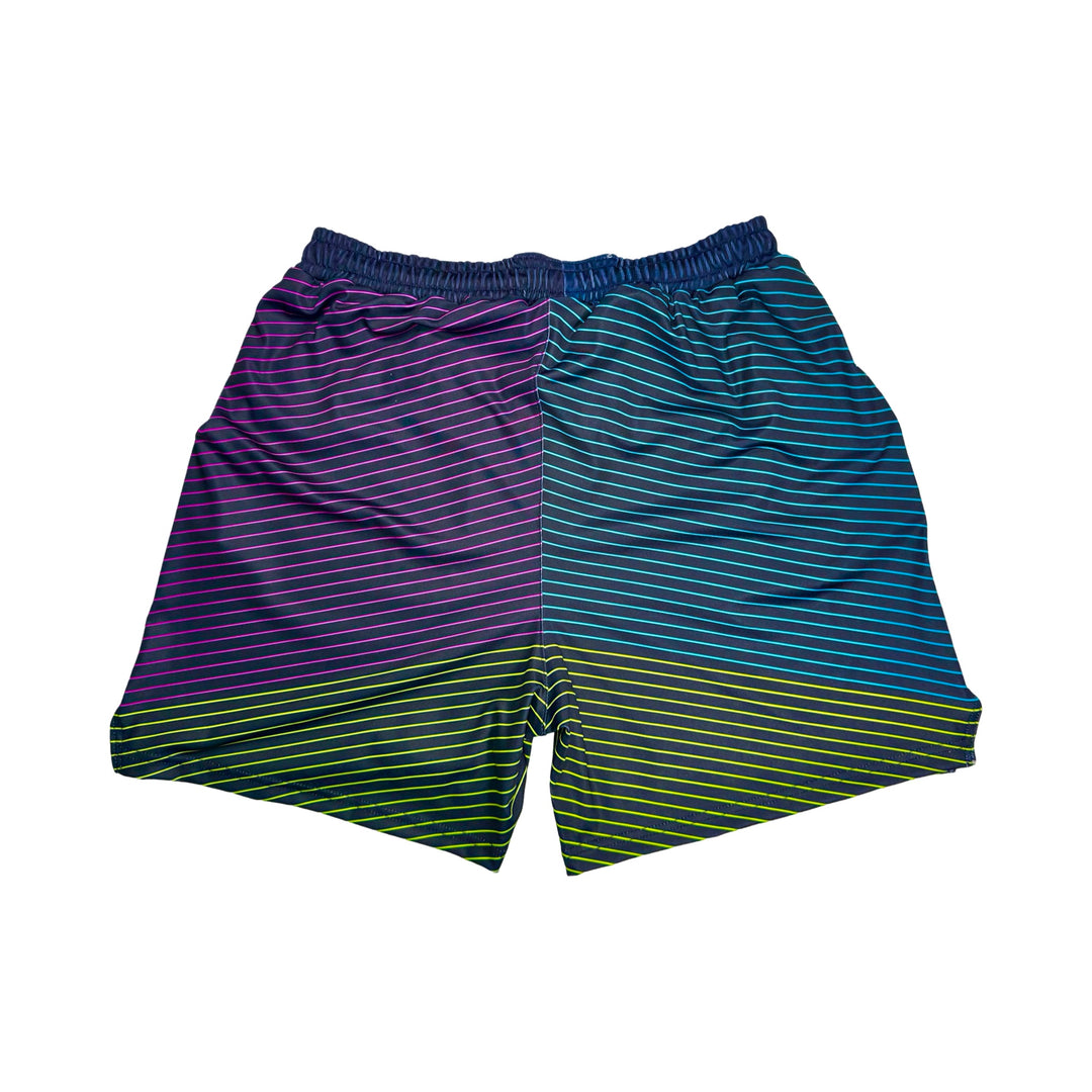 Headroom Soft Quick-Dry basketball shorts with retro split-gradient stripes in teal, purple, and neon accents by Trap’N Shorts.