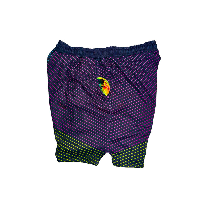 Headroom Soft Quick-Dry basketball shorts with retro split-gradient stripes in teal, purple, and neon accents by Trap’N Shorts.