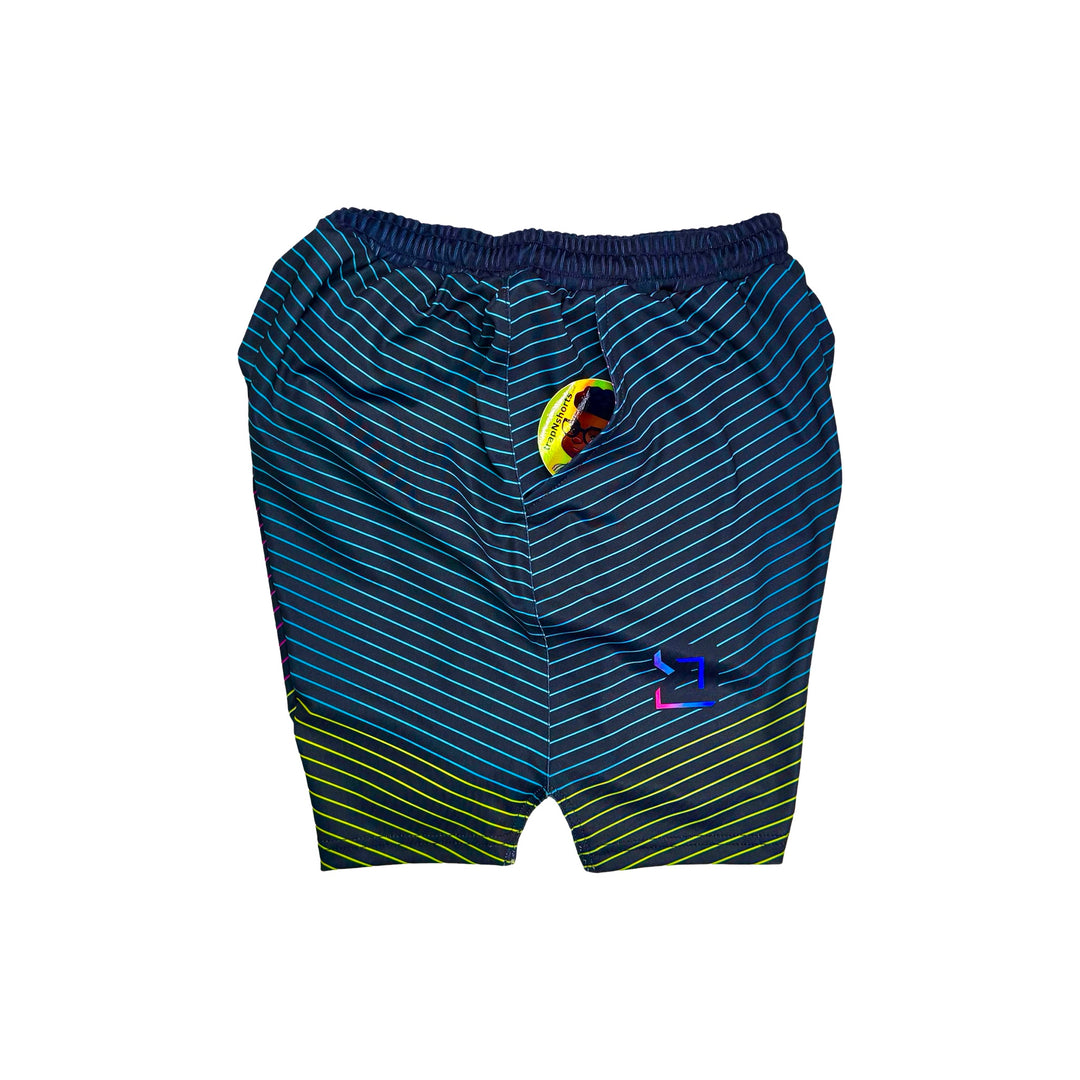 Headroom Soft Quick-Dry basketball shorts with retro split-gradient stripes in teal, purple, and neon accents by Trap’N Shorts.