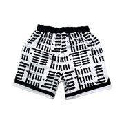 Black and white shorts with 'him' text pattern on a white background
