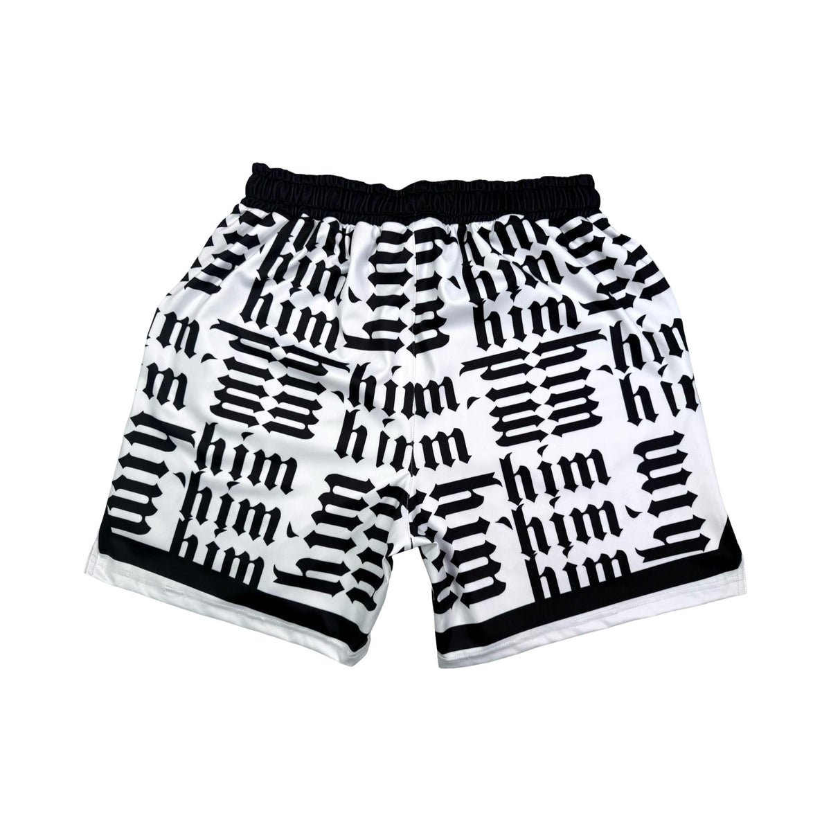 Black and white shorts with 'him' text pattern on a white background
