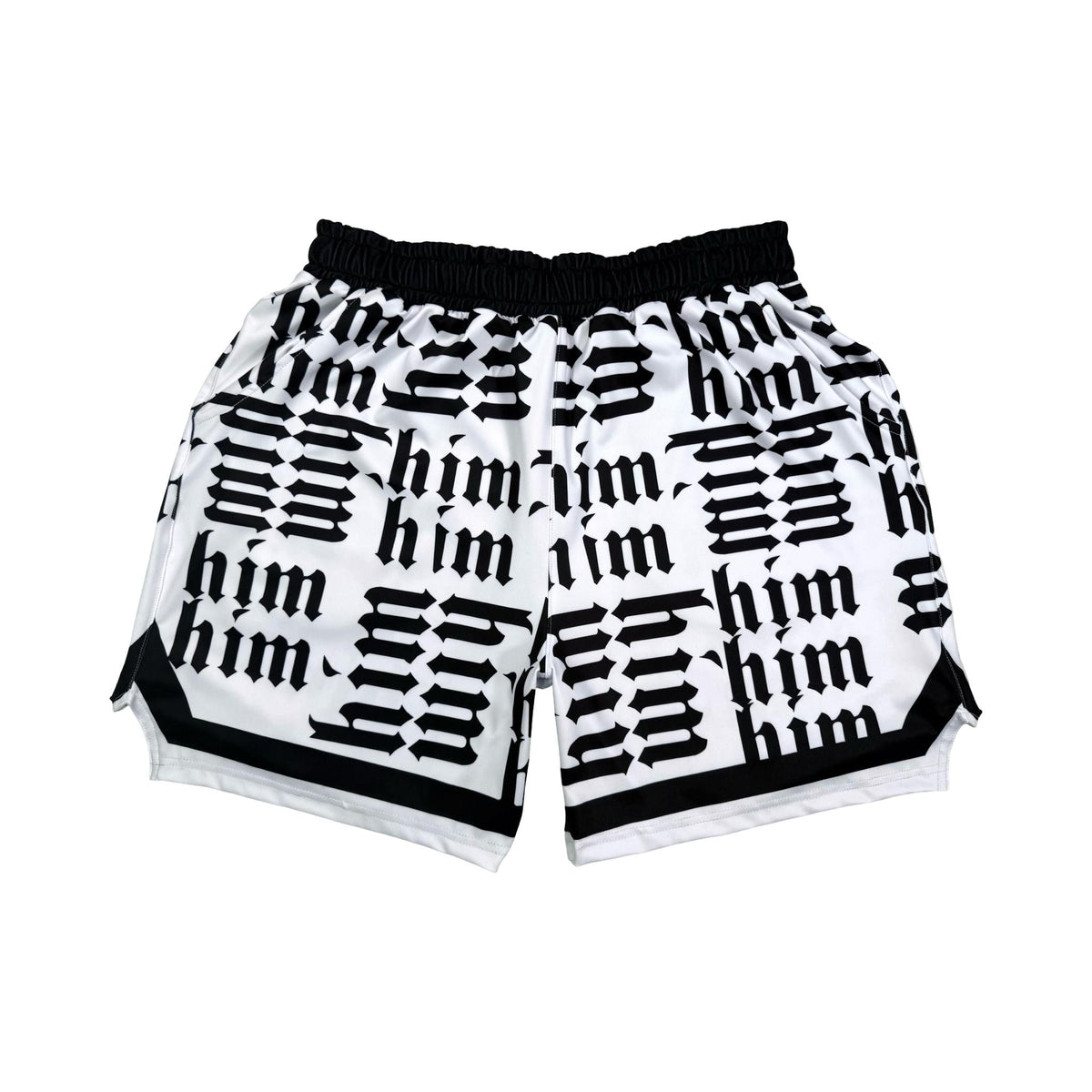Black and white shorts with 'him' text pattern on a white background