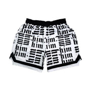 Black and white shorts with 'him' text pattern on a white background