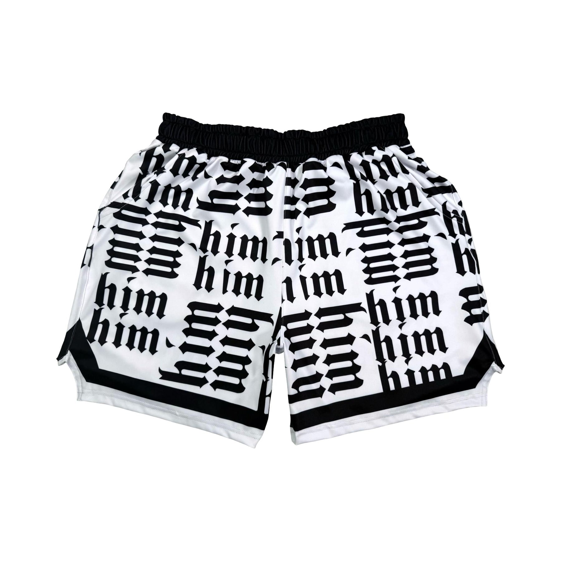 Black and white shorts with 'him' text pattern on a white background