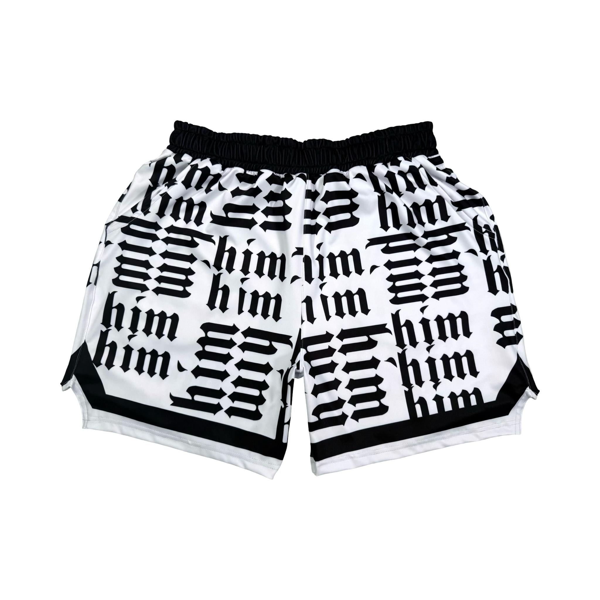 Black and white shorts with 'him' text pattern on a white background