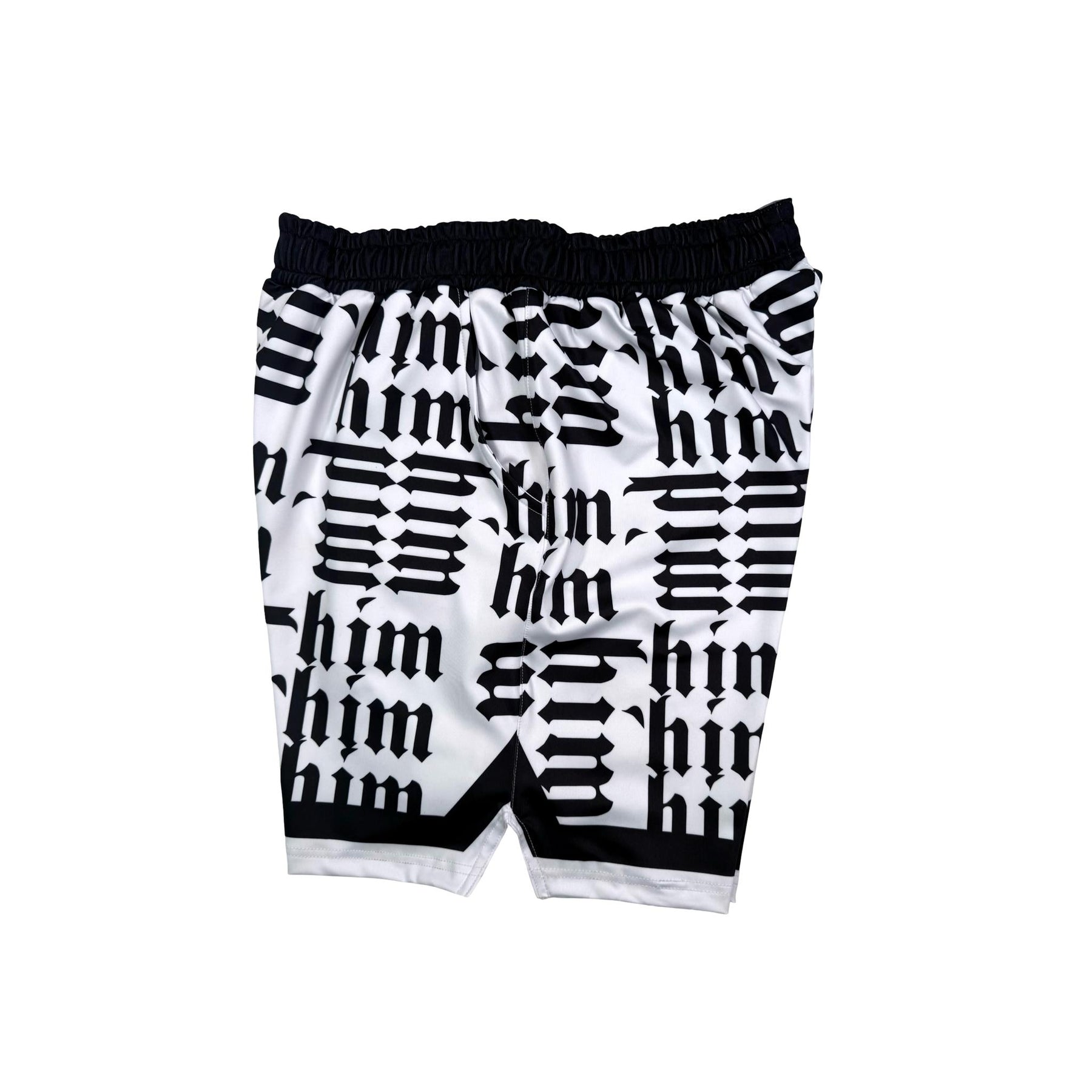 Black and white shorts with 'him' text pattern on a white background