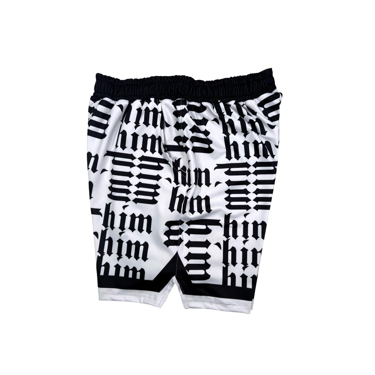 Black and white shorts with 'him' text pattern on a white background