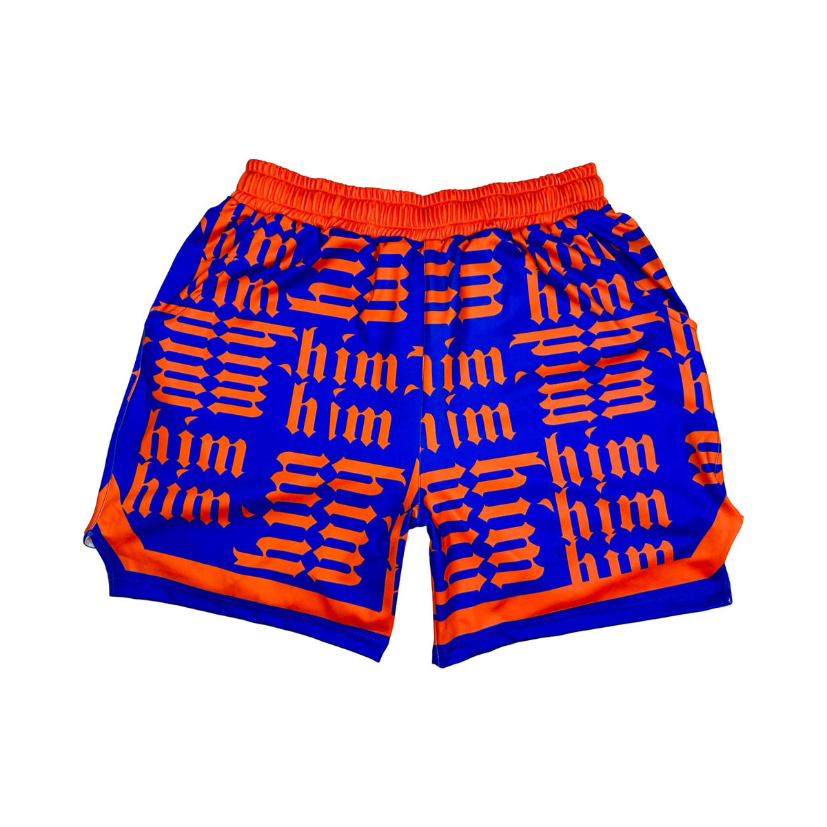 Purple soft dry fit shorts with repeating orange him text pattern on a white background