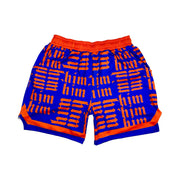 Purple soft dry fit shorts with repeating orange him text pattern on a white background