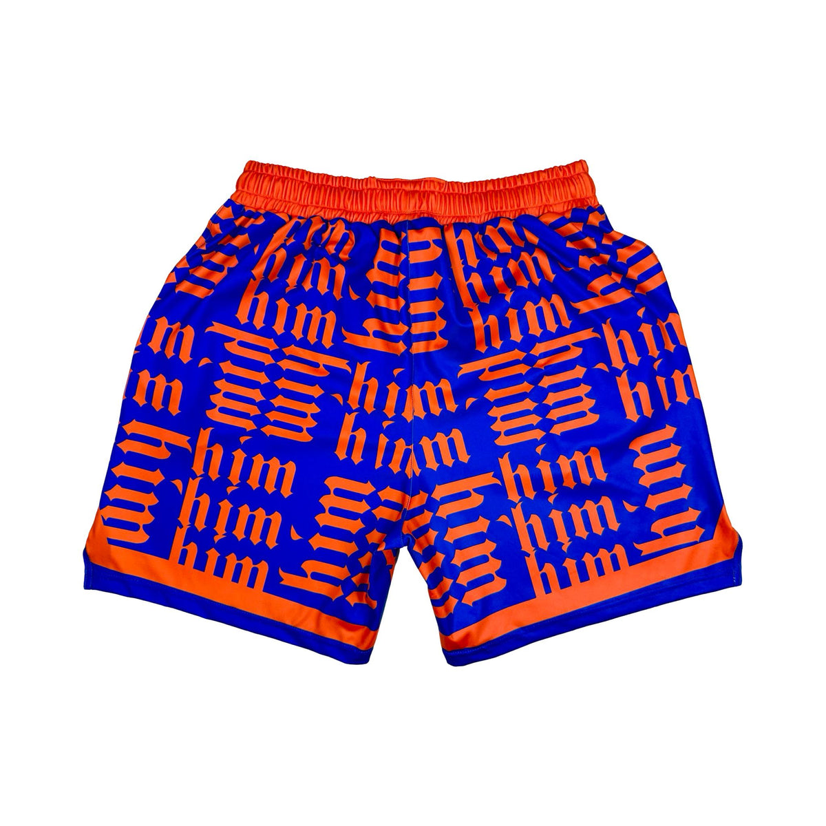 Back side view of Purple soft dry fit shorts with repeating orange him text pattern on a white background