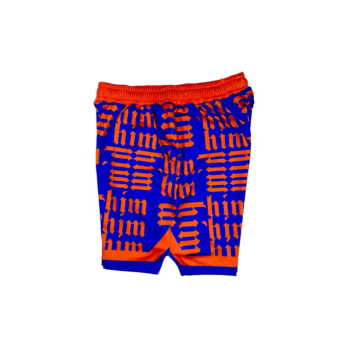 Side view of Purple soft dry fit shorts with repeating orange him text pattern on a white background