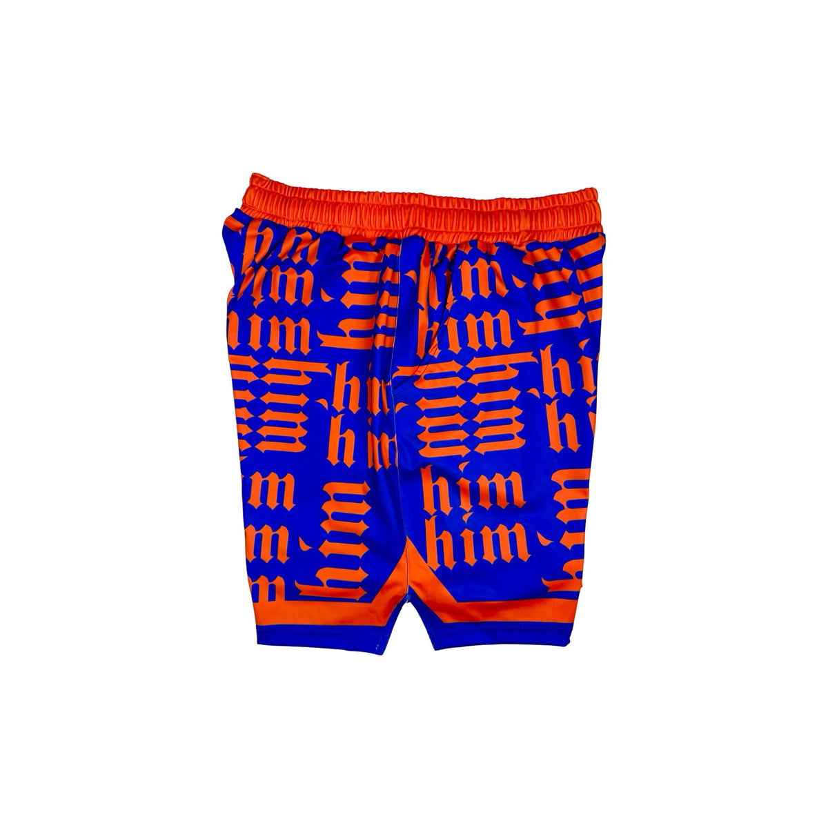 Other side view of Purple soft dry fit shorts with repeating orange him text pattern on a white background