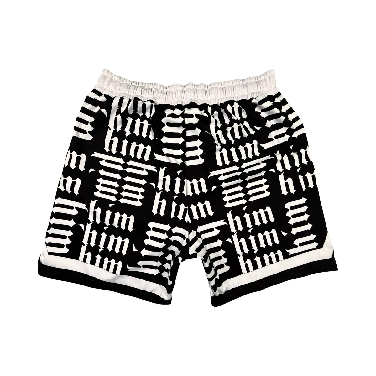 Back side view of Panda black soft dry fit shorts with white him text repeating pattern on a white background