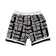 Back side view of Panda black soft dry fit shorts with white him text repeating pattern on a white background