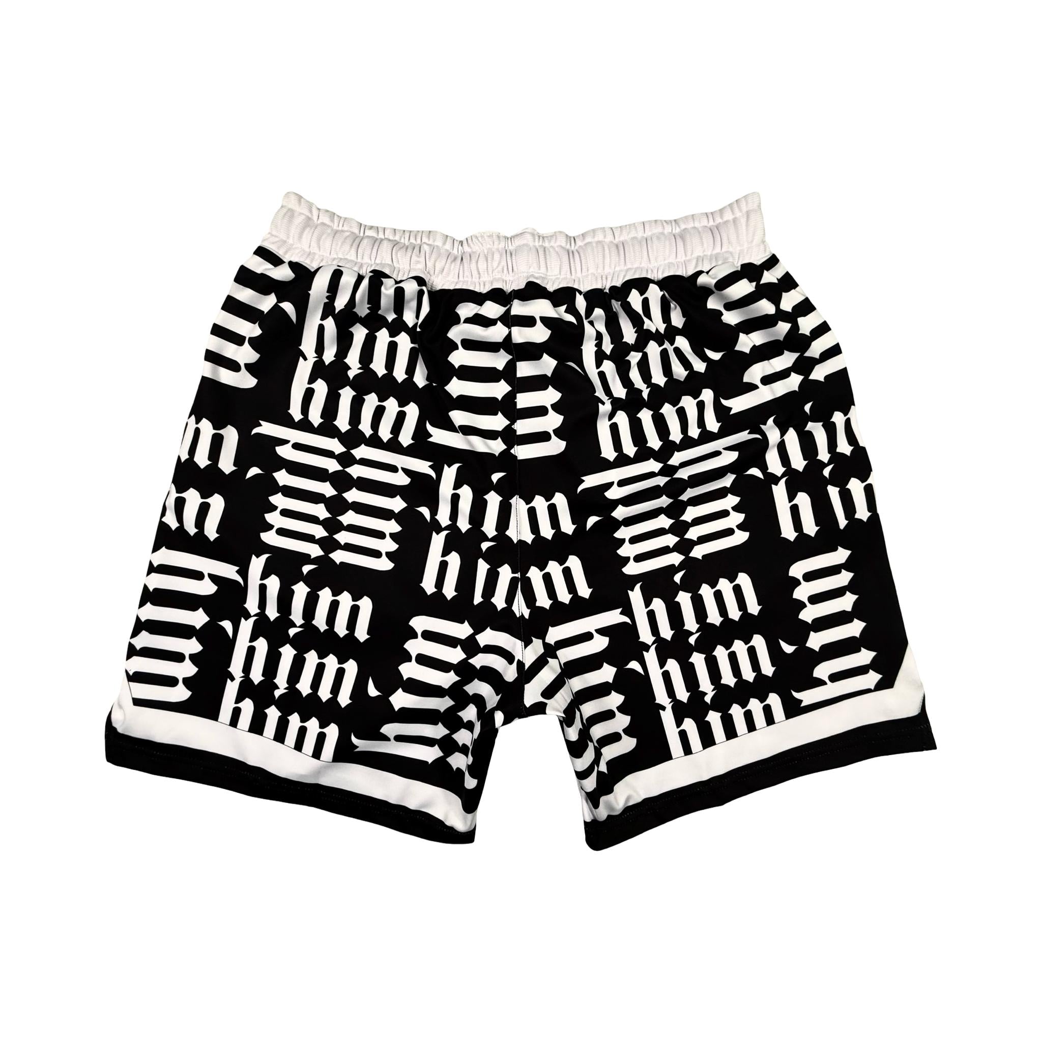Back side view of Panda black soft dry fit shorts with white him text repeating pattern on a white background