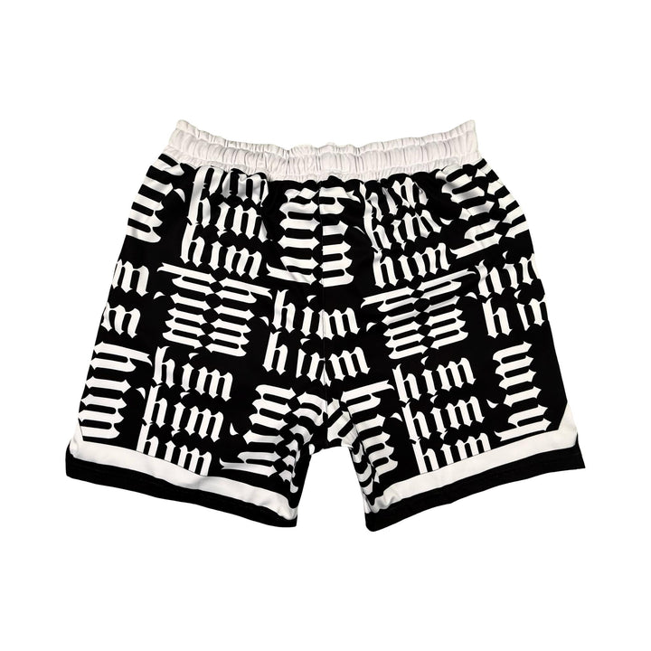 Back side view of Panda black soft dry fit shorts with white him text repeating pattern on a white background