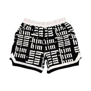 Panda black soft dry fit shorts with white him text repeating pattern on a white background