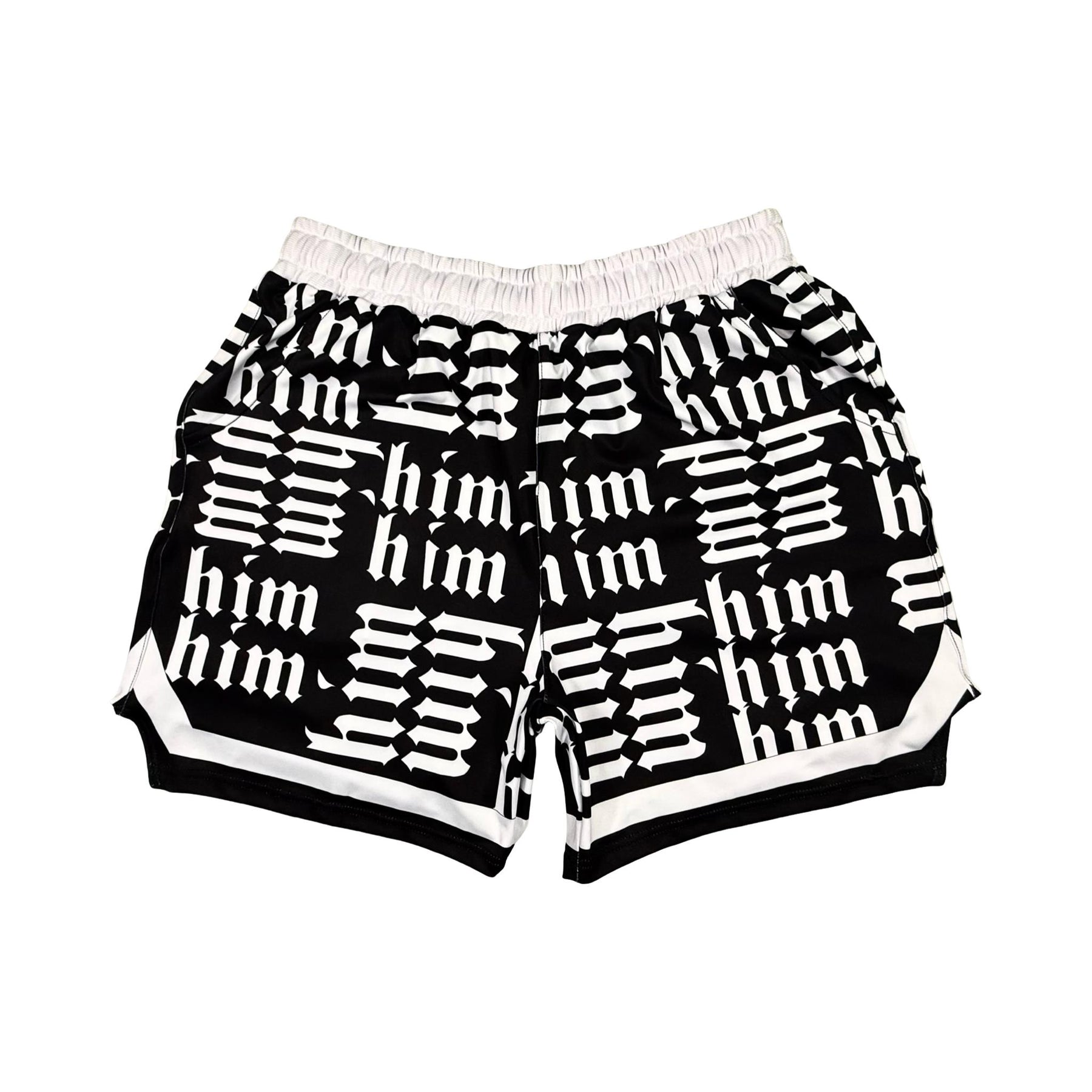 Panda black soft dry fit shorts with white him text repeating pattern on a white background