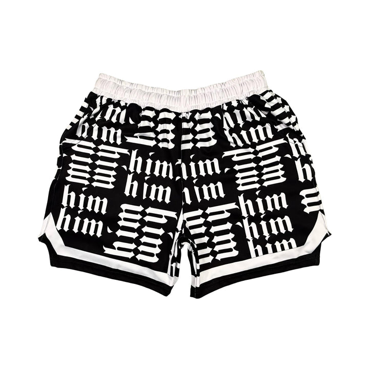 Panda black soft dry fit shorts with white him text repeating pattern on a white background