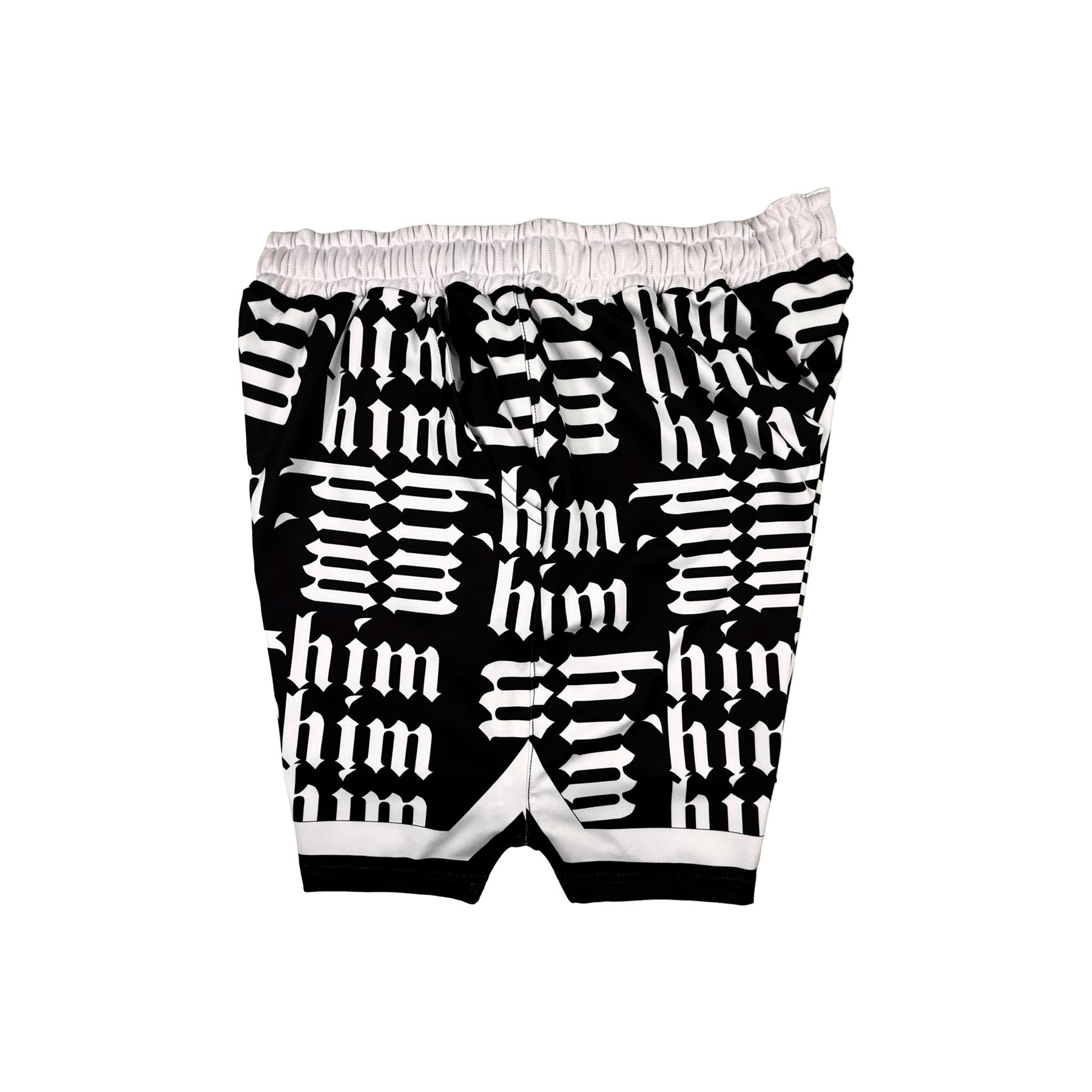 Side view of Panda black soft dry fit shorts with white him text repeating pattern on a white background