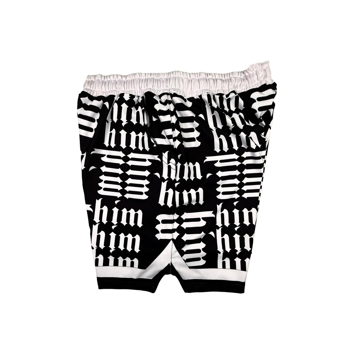 Side view of Panda black soft dry fit shorts with white him text repeating pattern on a white background