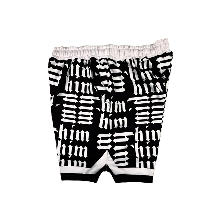 Side view of Panda black soft dry fit shorts with white him text repeating pattern on a white background