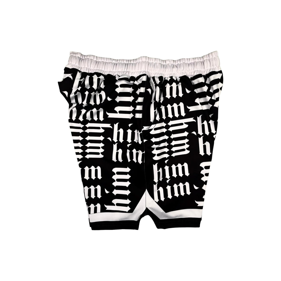 Other side view of Panda black soft dry fit shorts with white him text repeating pattern on a white background