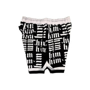 Other side view of Panda black soft dry fit shorts with white him text repeating pattern on a white background