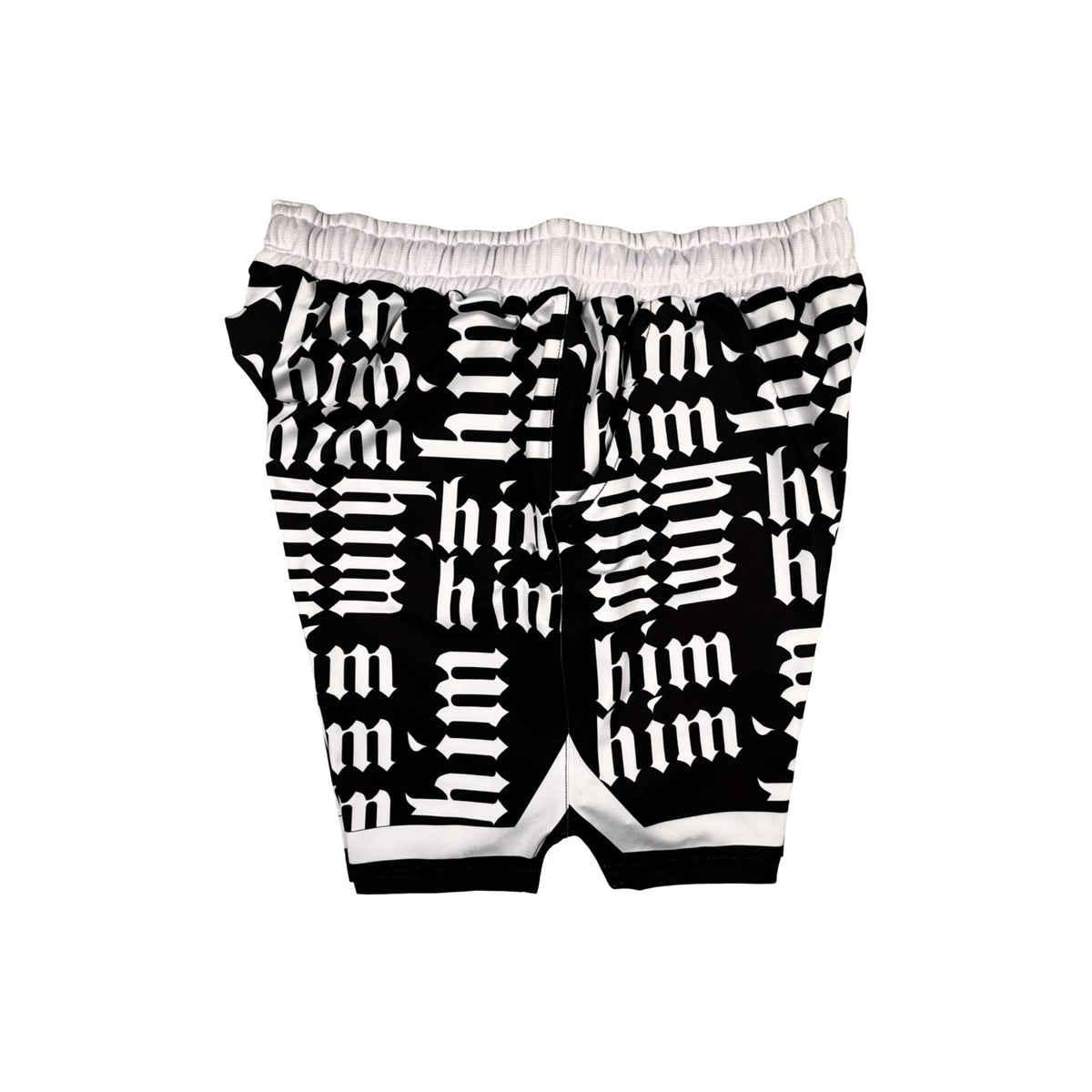 Other side view of Panda black soft dry fit shorts with white him text repeating pattern on a white background