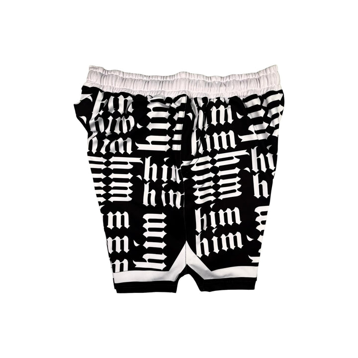 Other side view of Panda black soft dry fit shorts with white him text repeating pattern on a white background