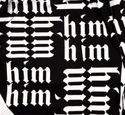 Closeup texture view of Panda black soft dry fit shorts with white him text repeating pattern on a white background