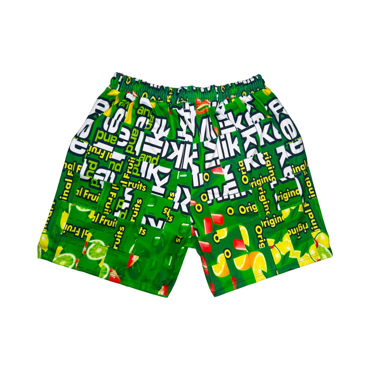 Green shorts with fruit candy box mosaic style pattern