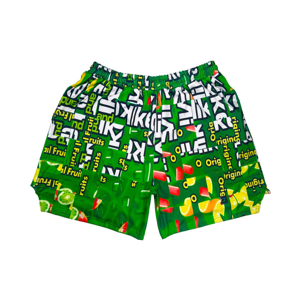 Green shorts with fruit candy box mosaic style pattern