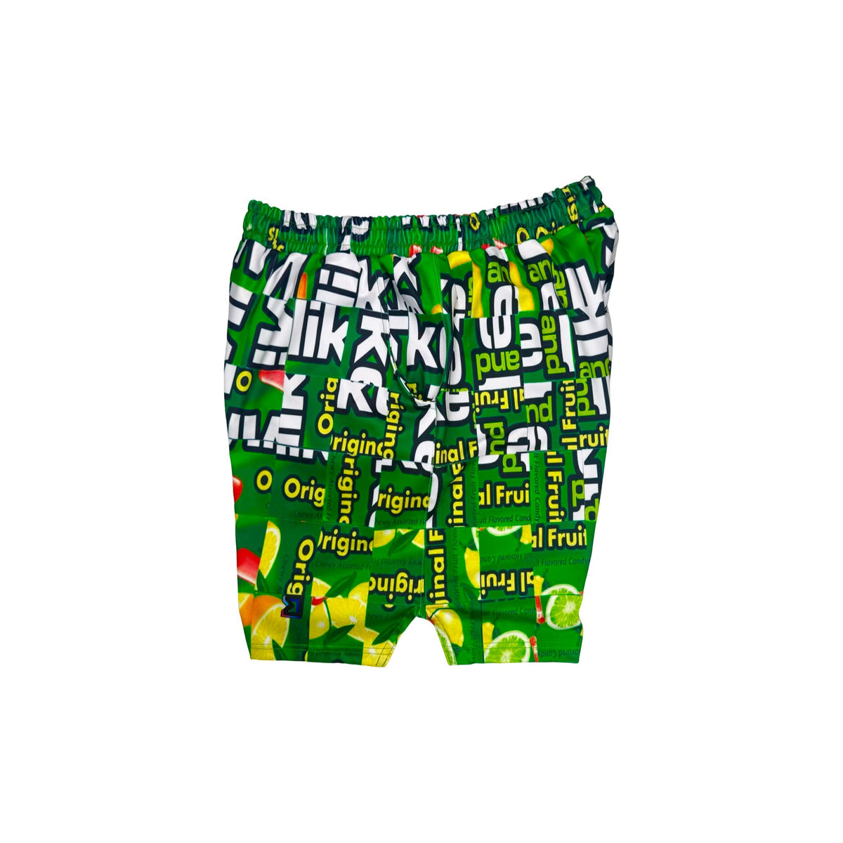 Green shorts with fruit candy box mosaic style pattern