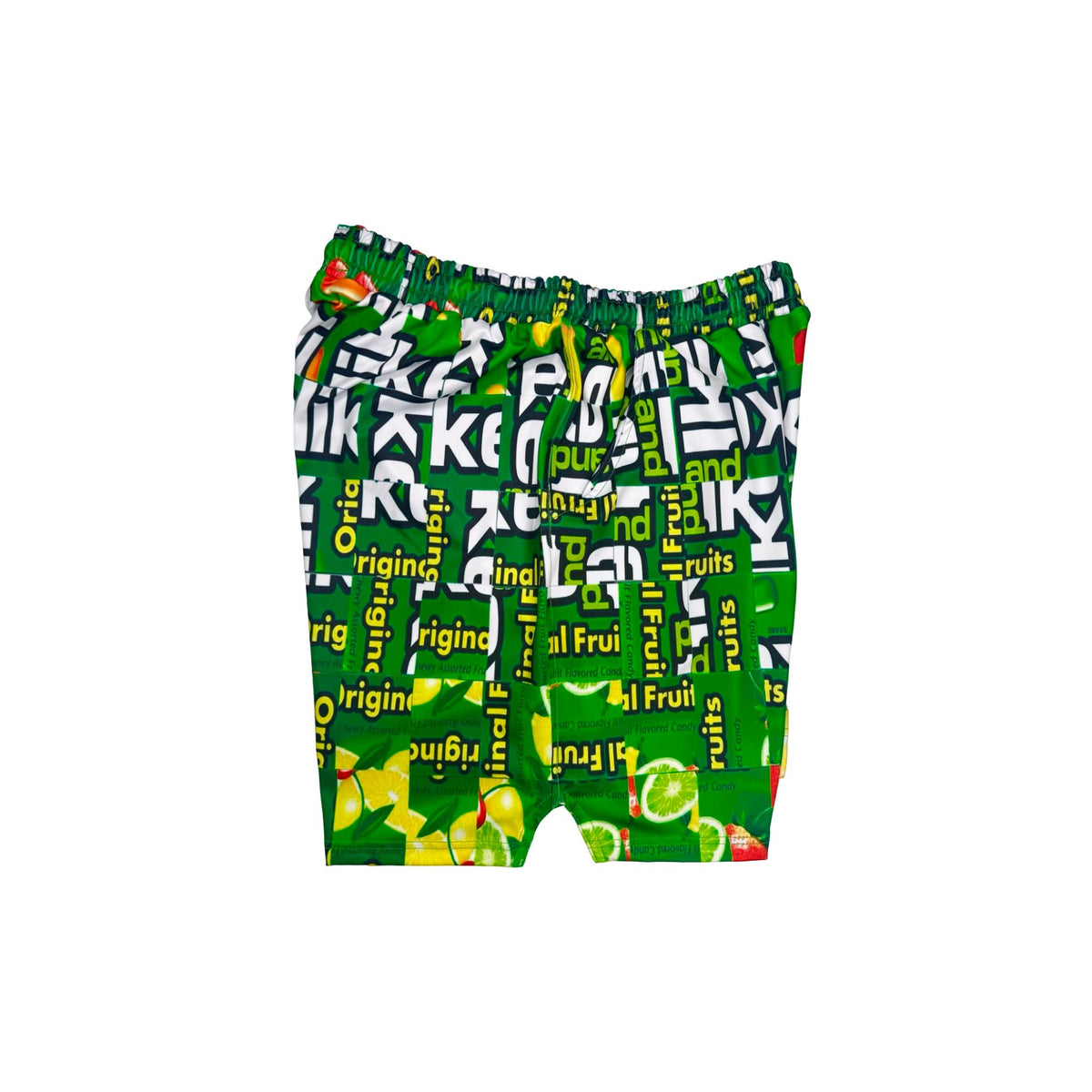 Green shorts with fruit candy box mosaic style pattern