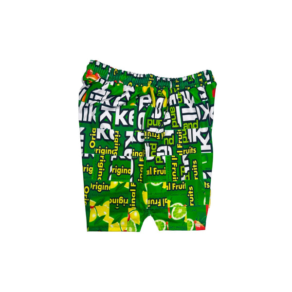 Green shorts with fruit candy box mosaic style pattern