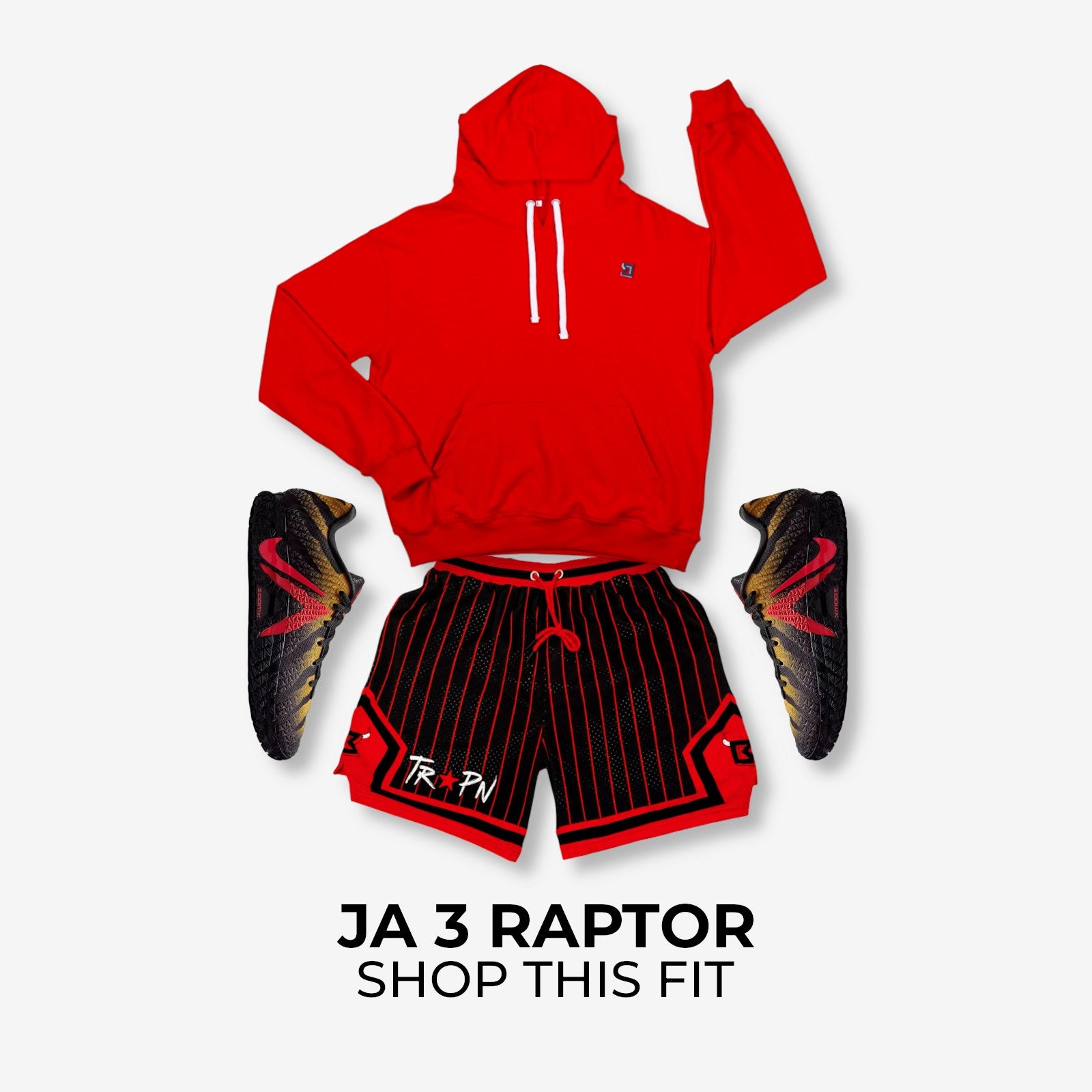 Red hoodie, black shorts, and shoes on a white background with 'JA 3 RAPTOR' text.