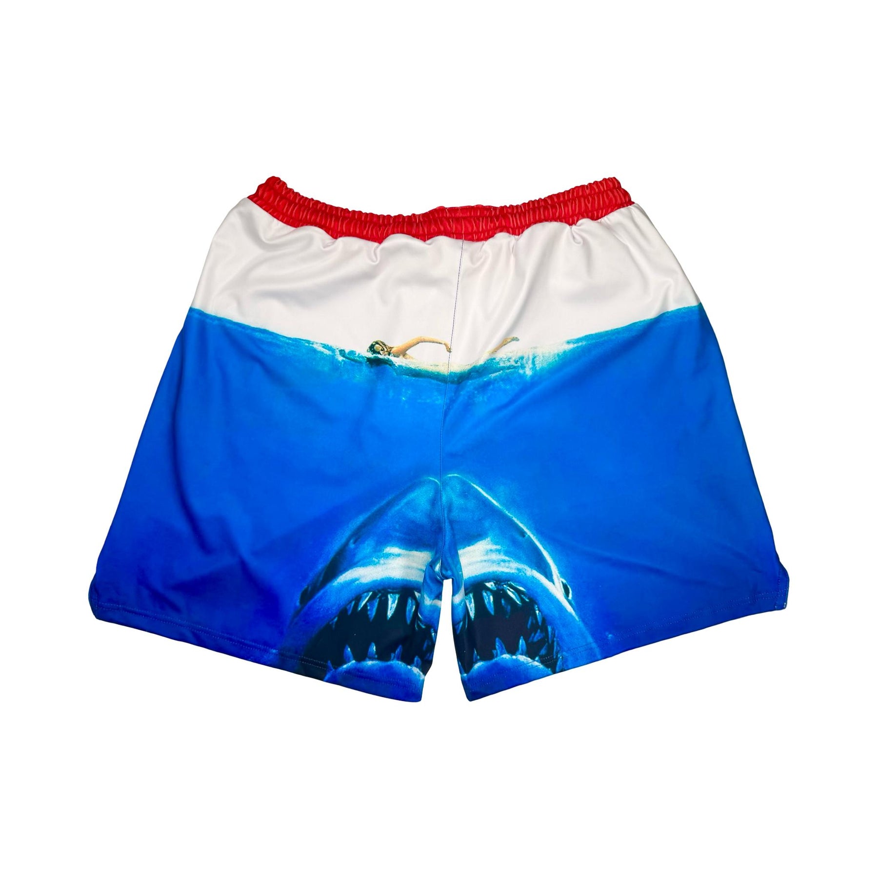 Blue soft dry-fit red white ad blue shorts with shark design and red waistband