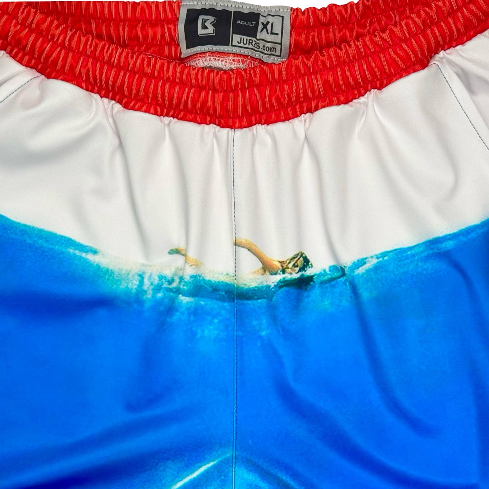 Blue soft dry-fit red white ad blue shorts with shark design and red waistband