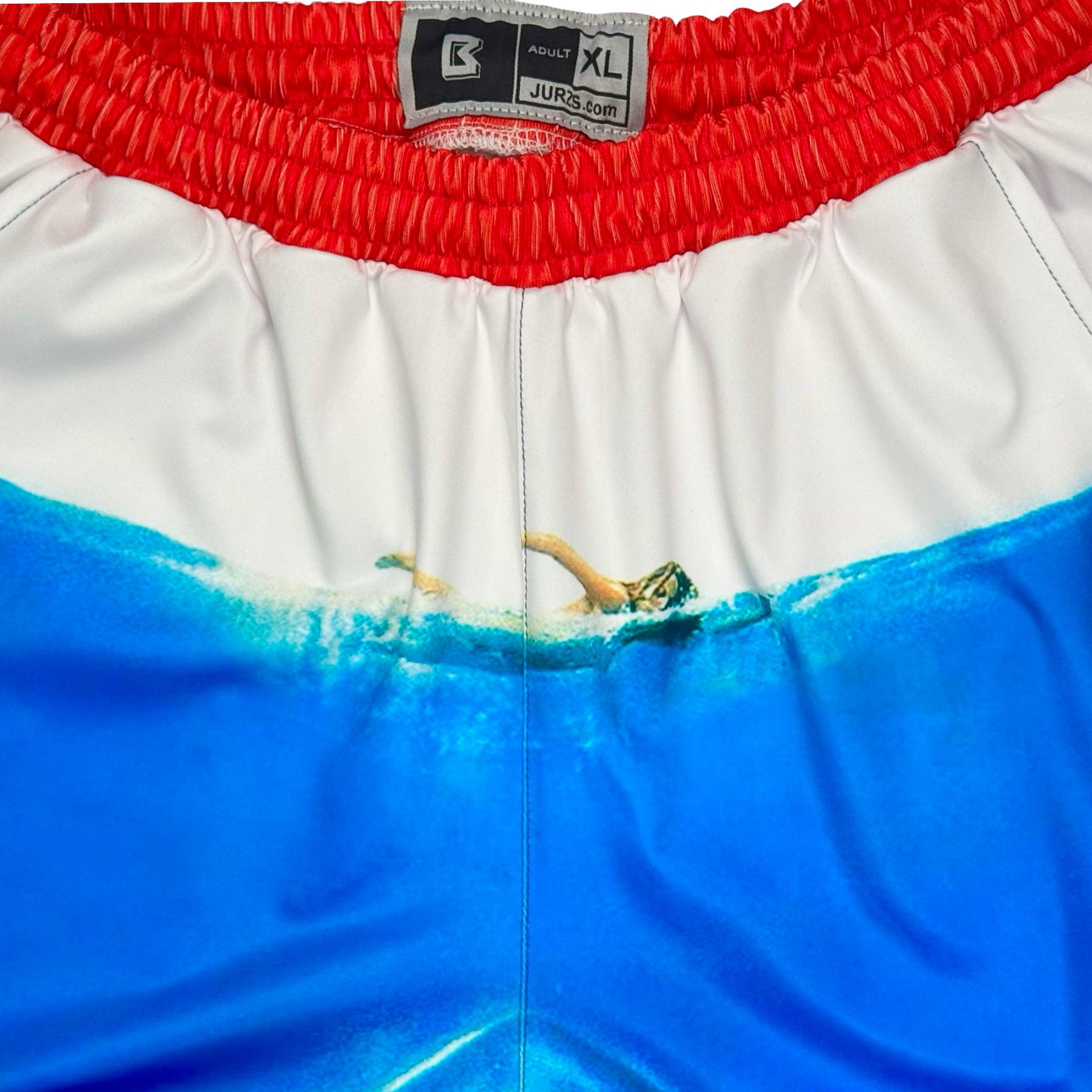 Blue soft dry-fit red white ad blue shorts with shark design and red waistband