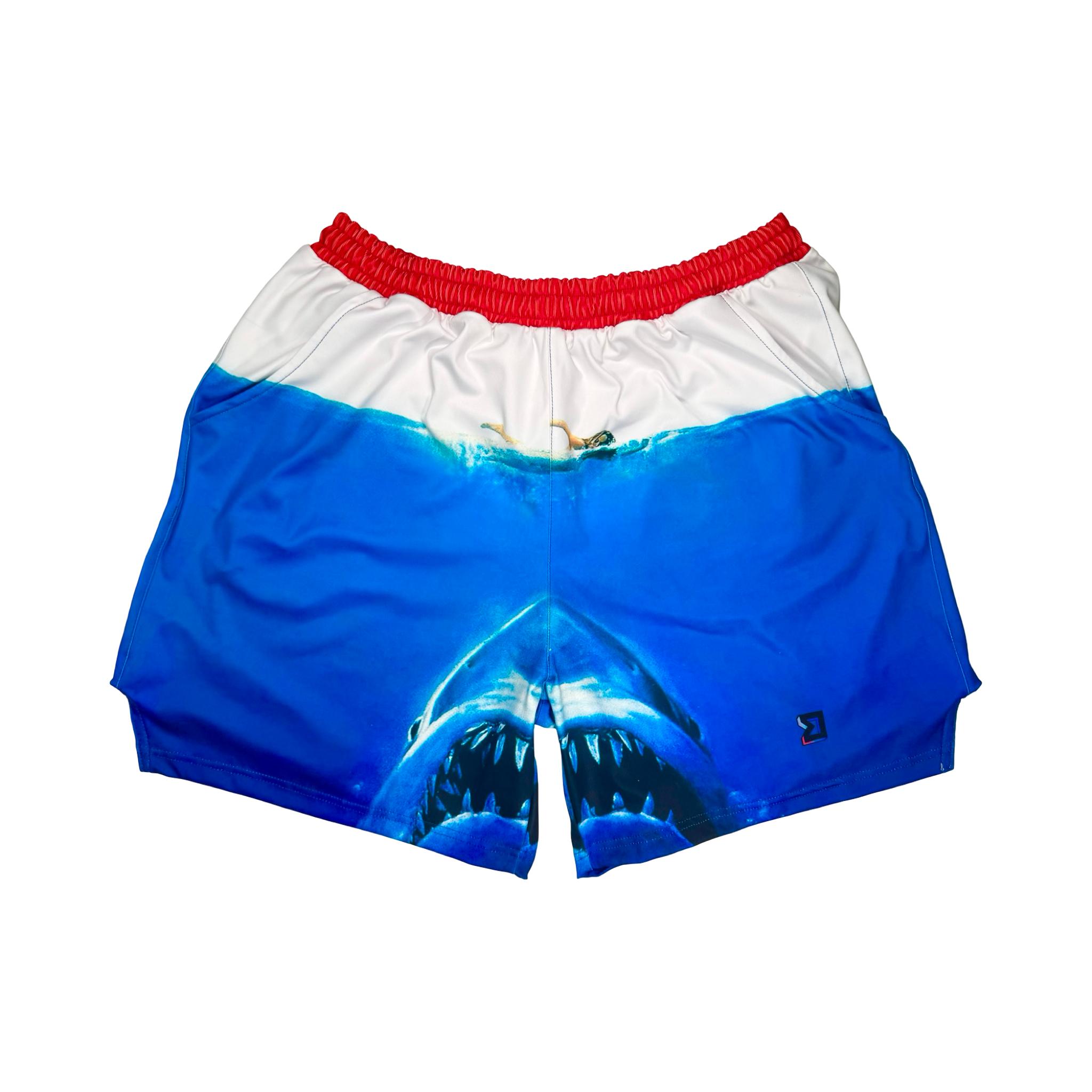 Blue soft dry-fit red white ad blue shorts with shark design and red waistband
