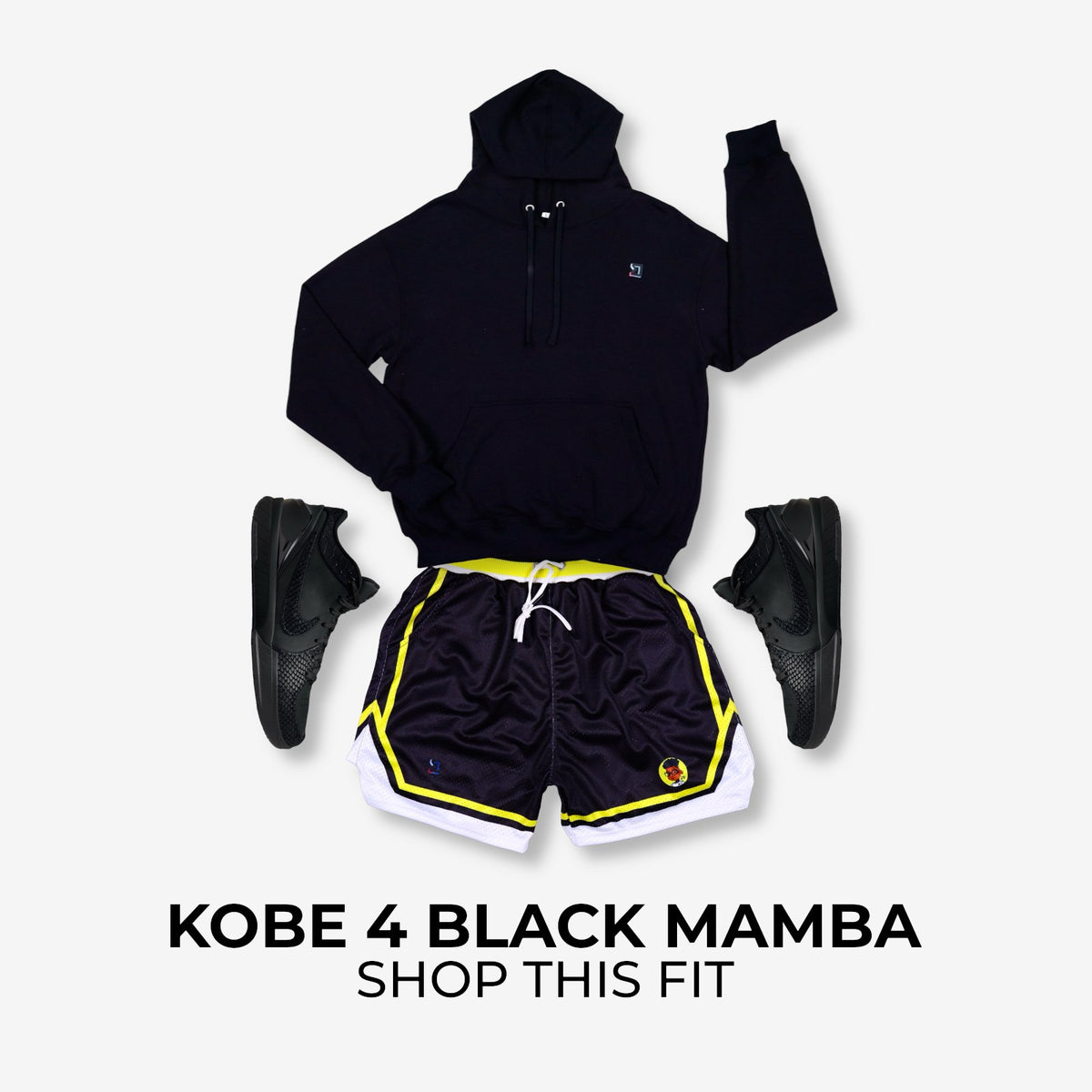 Black hoodie, black shorts with yellow trim, and black sneakers on a white background with 'Kobe 4 Black Mamba' text.