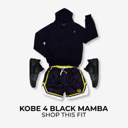 Black hoodie, black shorts with yellow trim, and black sneakers on a white background with 'Kobe 4 Black Mamba' text.
