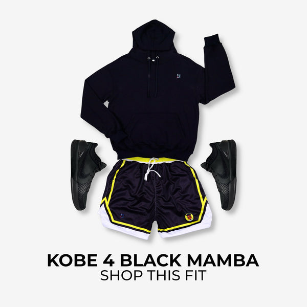 Black hoodie, black shorts with yellow trim, and black sneakers on a white background with 'Kobe 4 Black Mamba' text.