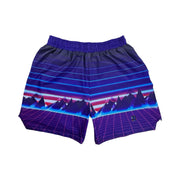 Purple fast drying shorts with retro synth wave mountain and grid design on a white background